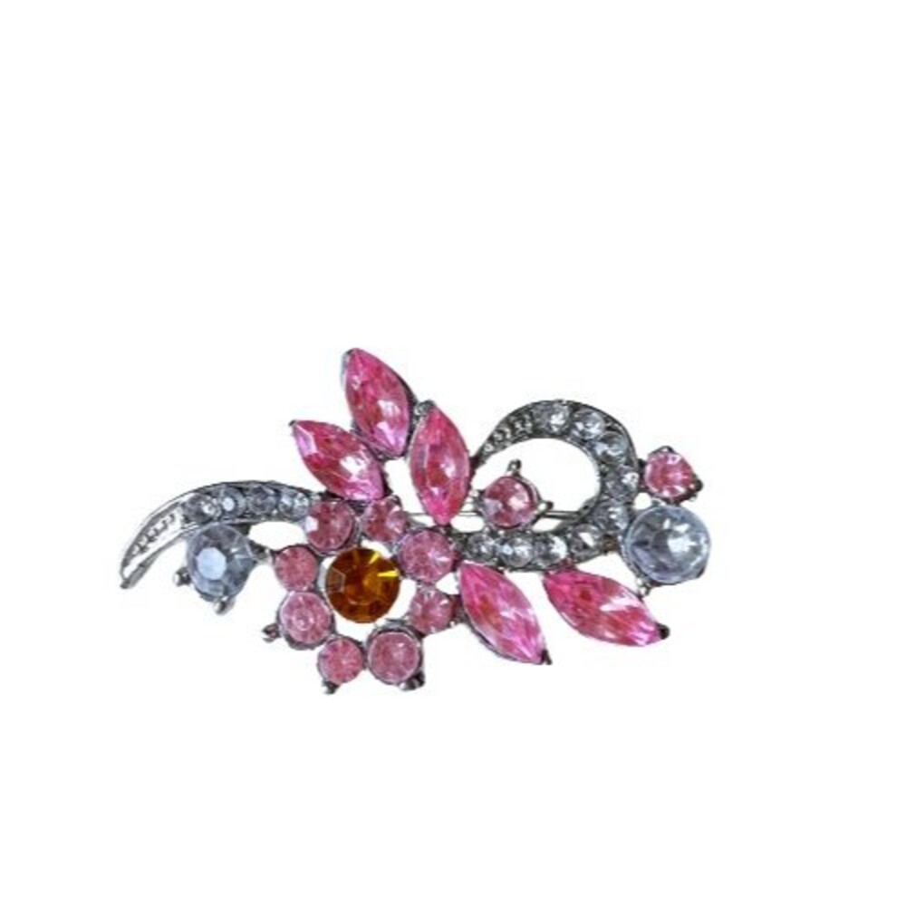 Pink Rhinestone Costume Brooch Pin Floral 2" x 1.25" Unsigned